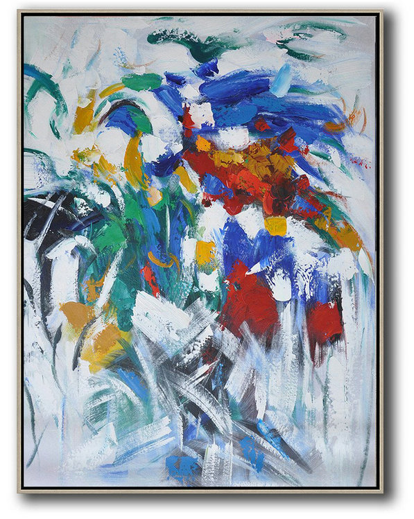 Large Colorful Wall Art,Vertical Palette Knife Contemporary Art,Modern Canvas Art,Blue,White,Yellow,Green,Red.etc